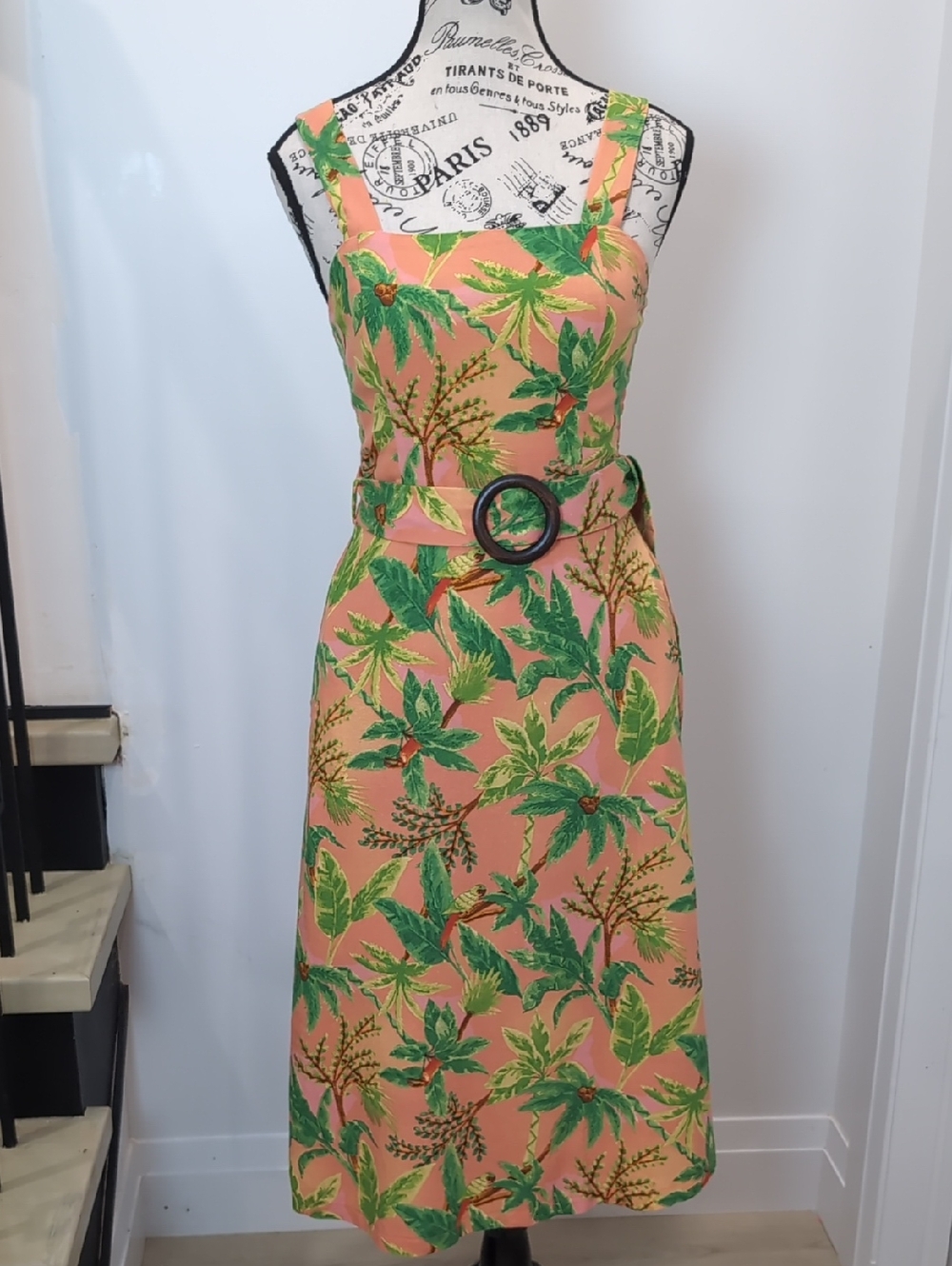 MONTEAU | Women's Peach/Pink  Tropical Linen Blend Belted Midi Sun Dress